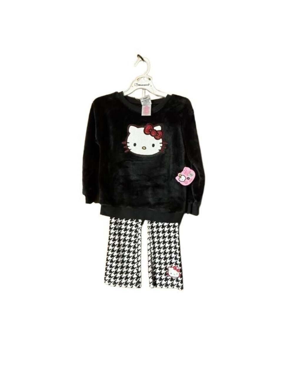 Hello Kitty Girls Black Faux Fur Sweatshirt and Houndstooth Pants Set Size 5/6